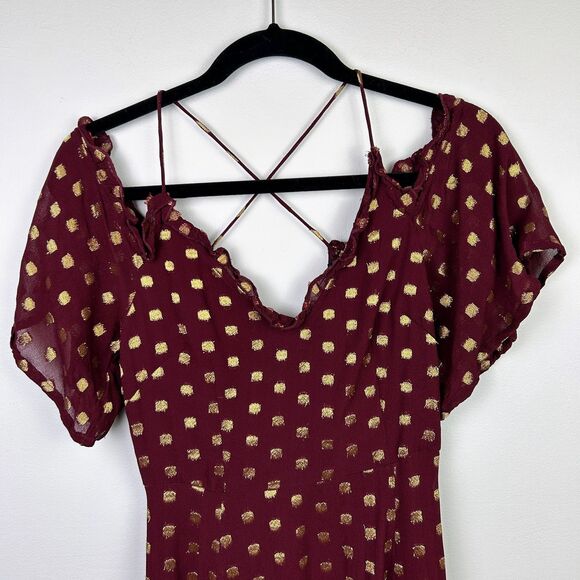 Topshop A Line Off the Shoulder Mini Dress Burgundy w Gold Metallic Polka Dots 4 - Picture 4 of 15